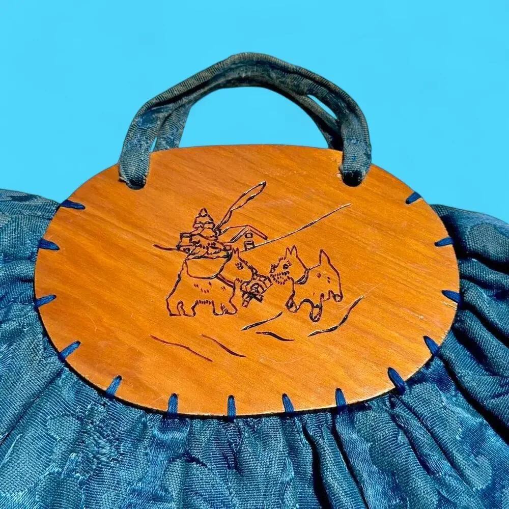 `1940s blue handmade silk tapestry novelty dog crescent shaped handbag